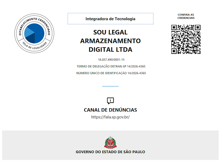 Selo de estabelecimento credenciado como integradora de tecnologia, com o termo de delegação junto ao Detran e o canal de denúncias do Governo do Estado de São Paulo