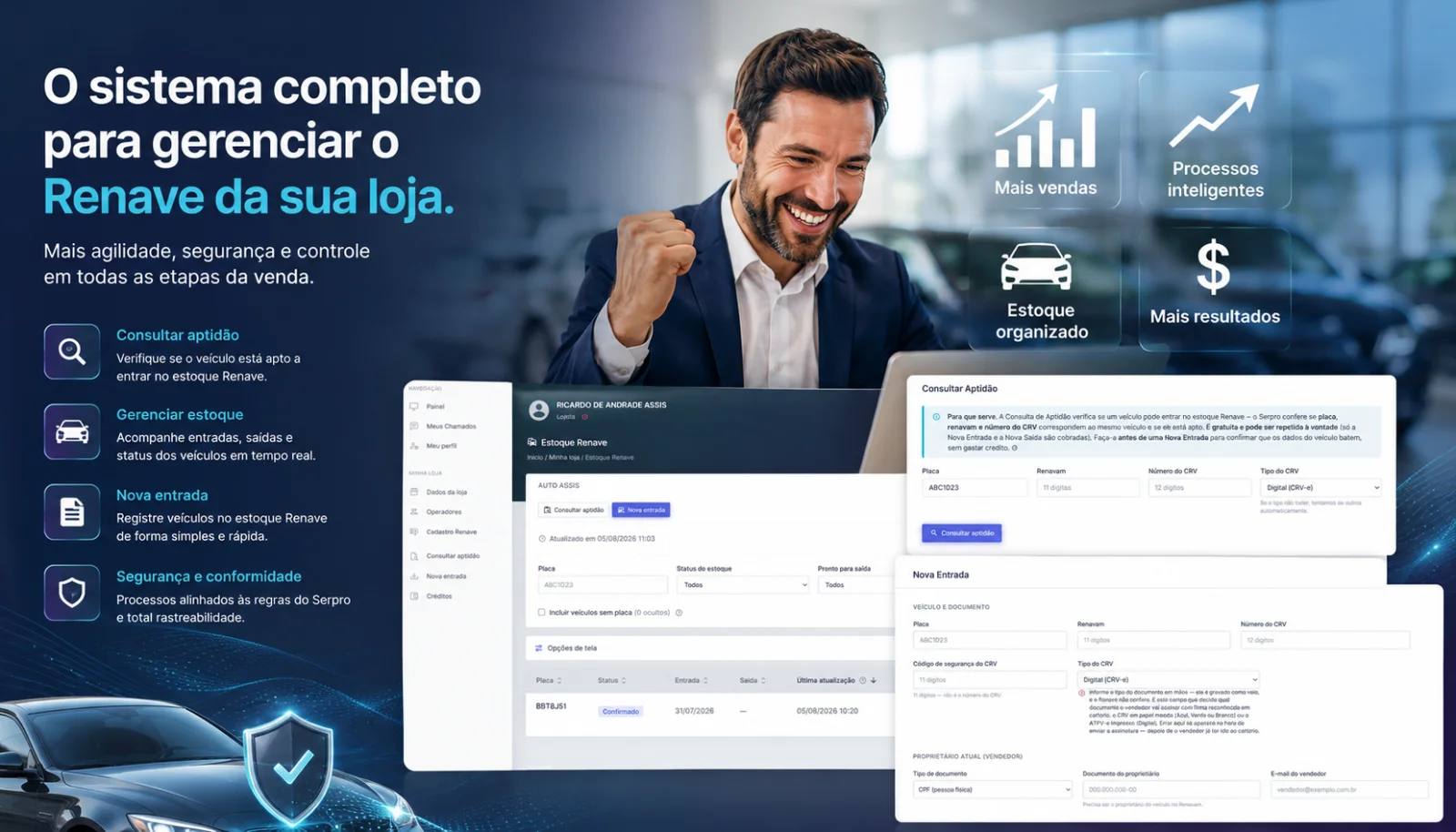 Telas do Renave Total: consulta de aptidão, estoque e nova entrada